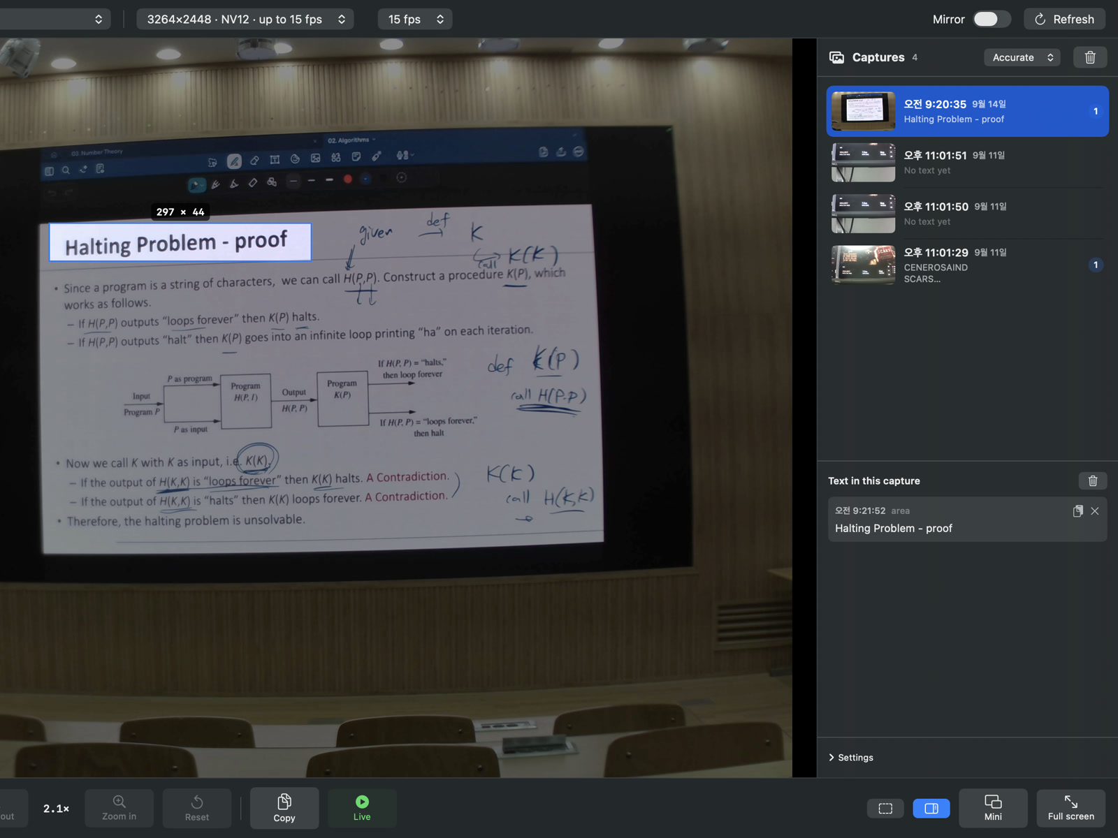 The Cyclops window: a slide titled Halting Problem – proof with the title boxed by a drag selection, and the captures panel on the right holding the recognised text