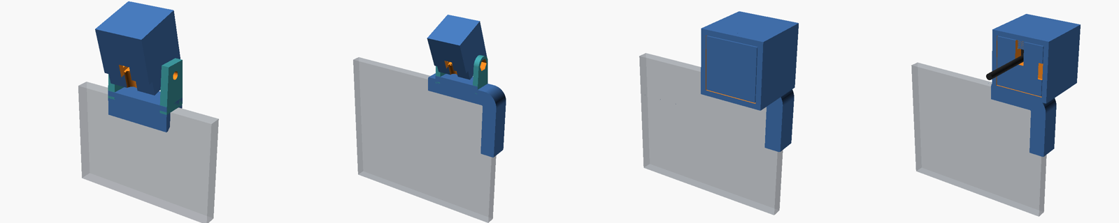 Four OpenSCAD renders of the mount on a grey slab standing in for the MacBook lid: a hinged box over the top edge, a hinged box on the corner, a cube over the screen corner, and the final cube set behind the lid