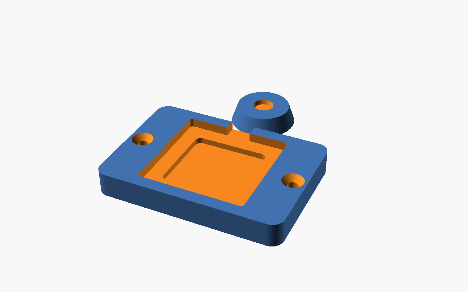 OpenSCAD render of the load cell holder: a block with a square pocket for the cell, a relief under the beam, two countersunk screw holes, and a separate round foot