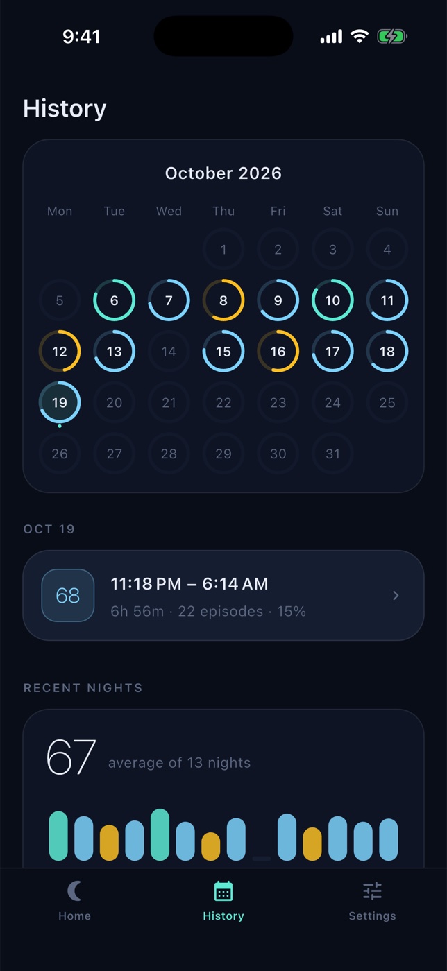 SnoreLog history: a month calendar with a score ring on each recorded night, and the selected night's session below