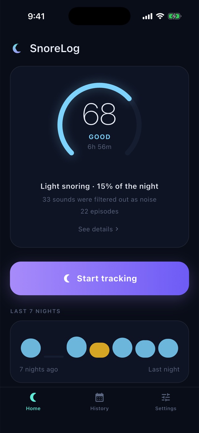 SnoreLog home screen: last night's score of 70, the share of the night spent snoring, a Start tracking button and a strip of the last seven nights