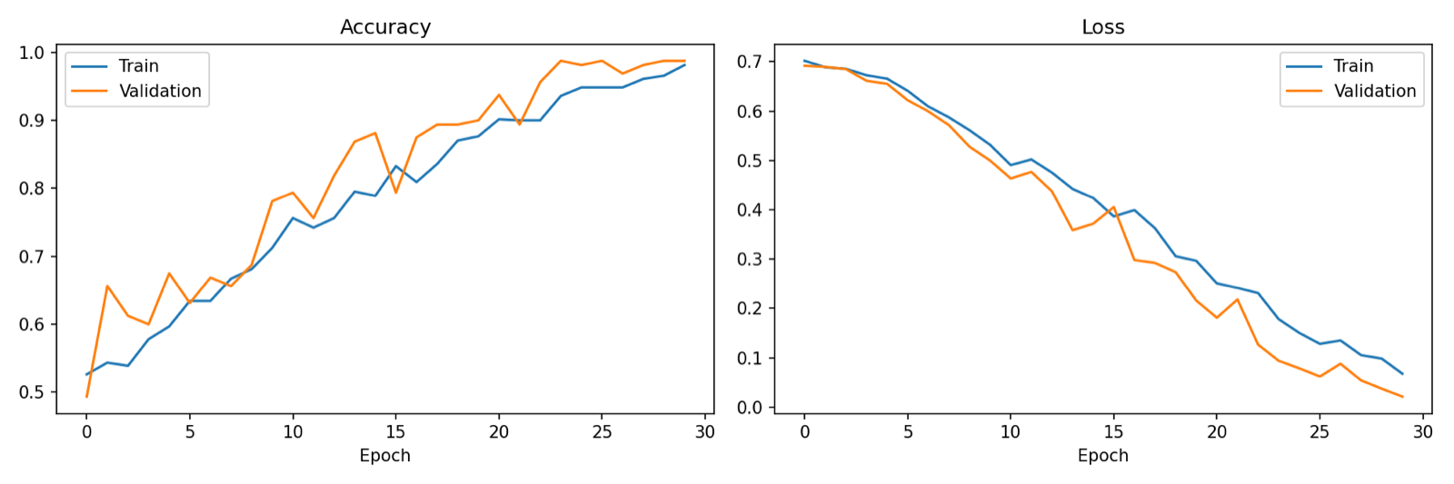Training and validation accuracy and loss curves over 30 epochs
