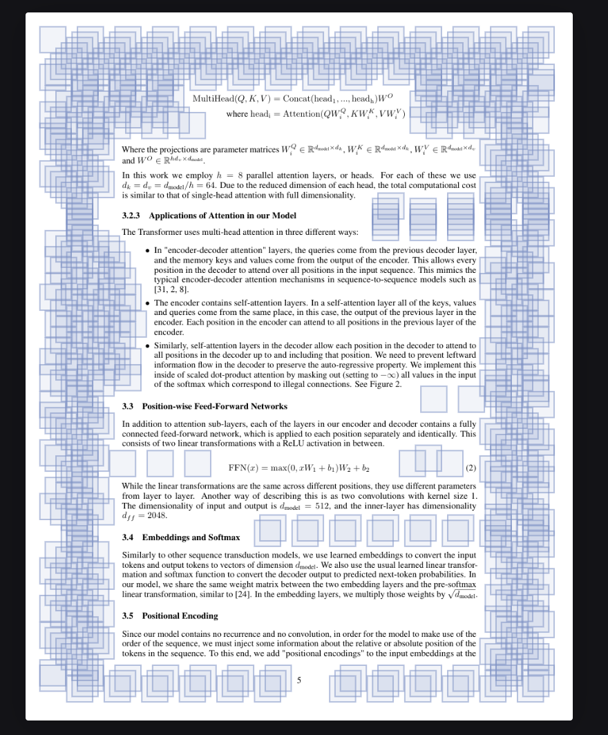 A page of the Attention Is All You Need paper with every candidate blank slot outlined in blue, densely packed through the margins and gaps between paragraphs