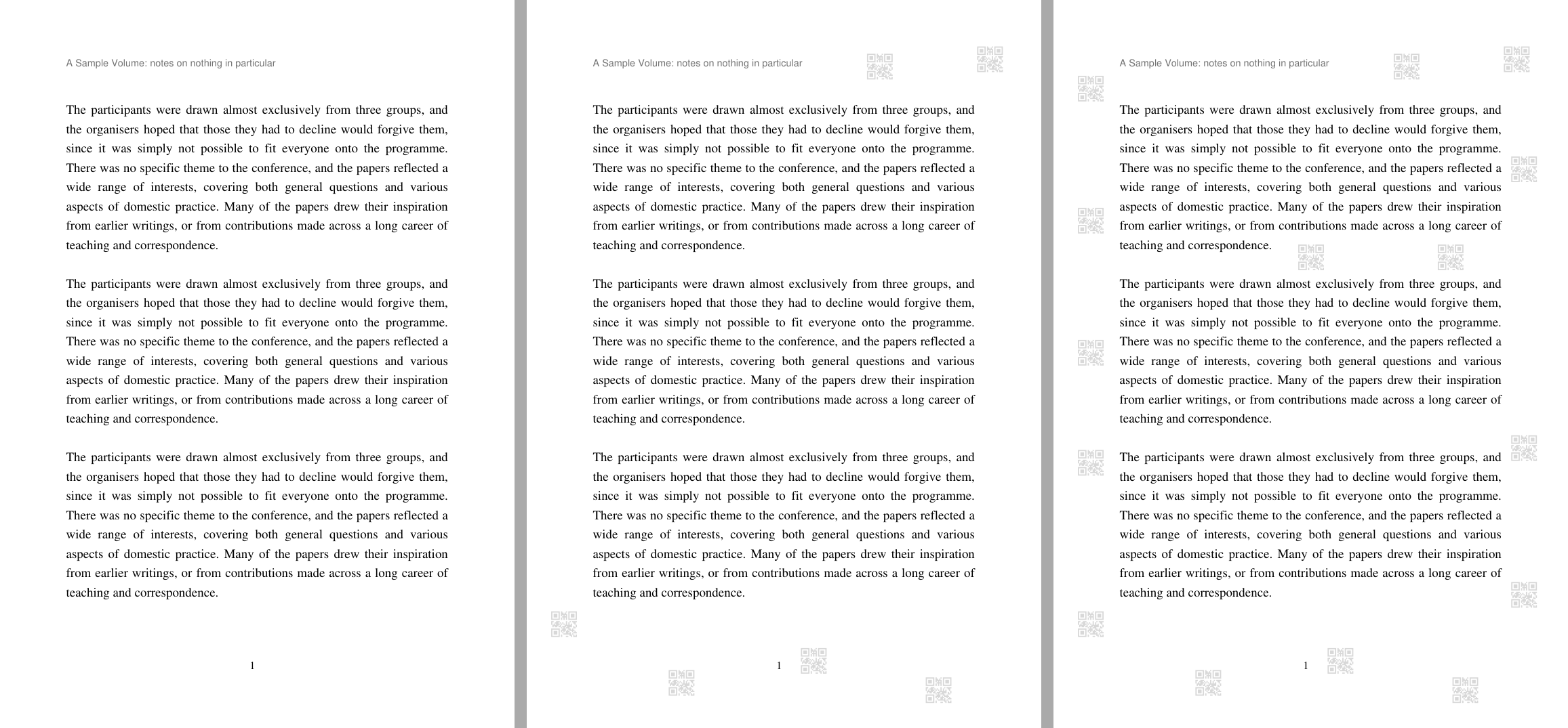 The same page three times: unmarked, with six faint QR marks in the margins, and with twenty-four