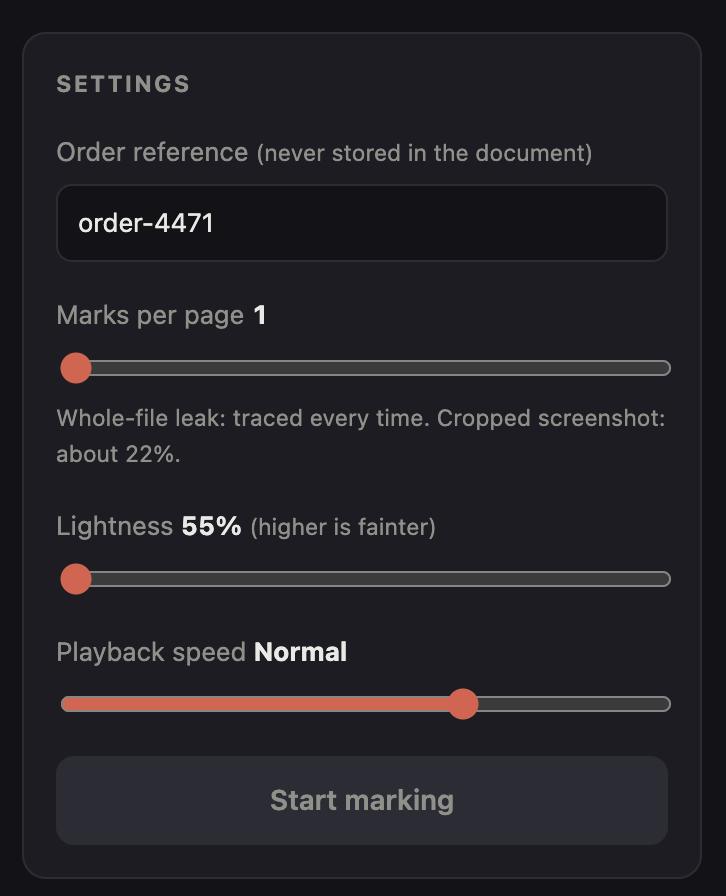 Settings panel: order reference never stored in the document, marks per page set to 1 with its recovery rate shown inline, lightness 55%, playback speed