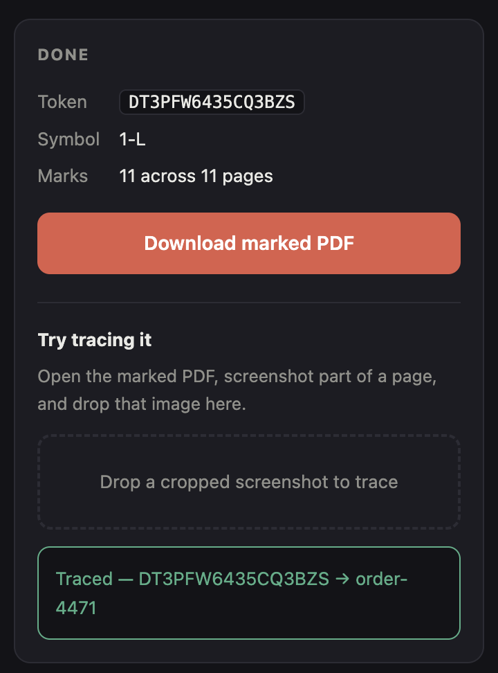 The demo's result panel: token DT3PFW6435CQ3BZS, symbol 1-L, 11 marks across 11 pages, and below it a drop zone reporting Traced — DT3PFW6435CQ3BZS to order-4471