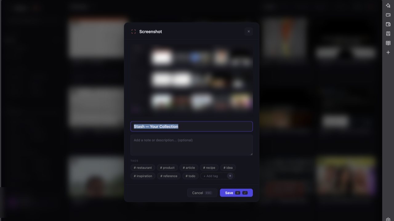 The Stash save window over a blurred library: a screenshot preview, a title, a note field and suggested tags