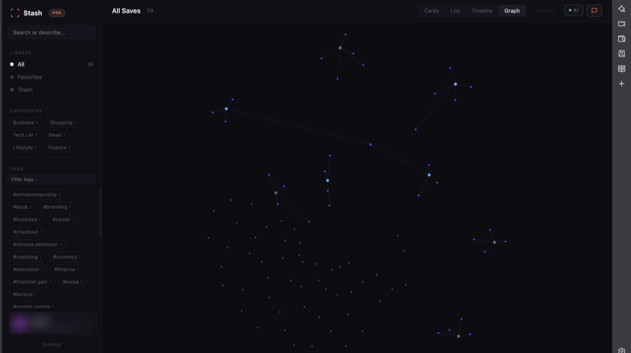 Stash graph view: captures as dots, linked into clusters by shared tags