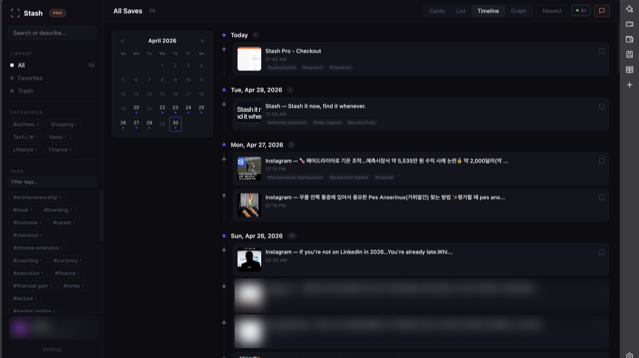 Stash timeline view with a calendar and captures grouped by day, each with its tags