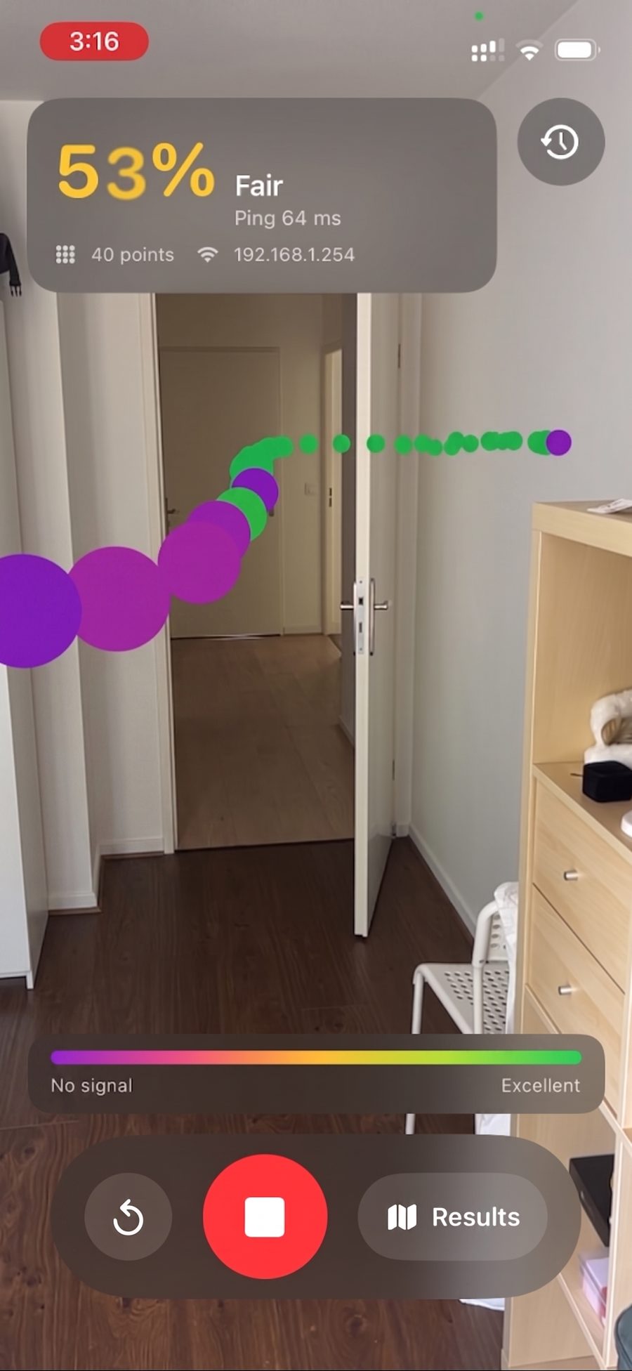AR view in the hallway: 53% Fair, ping 64ms, 40 points, green spheres turning purple