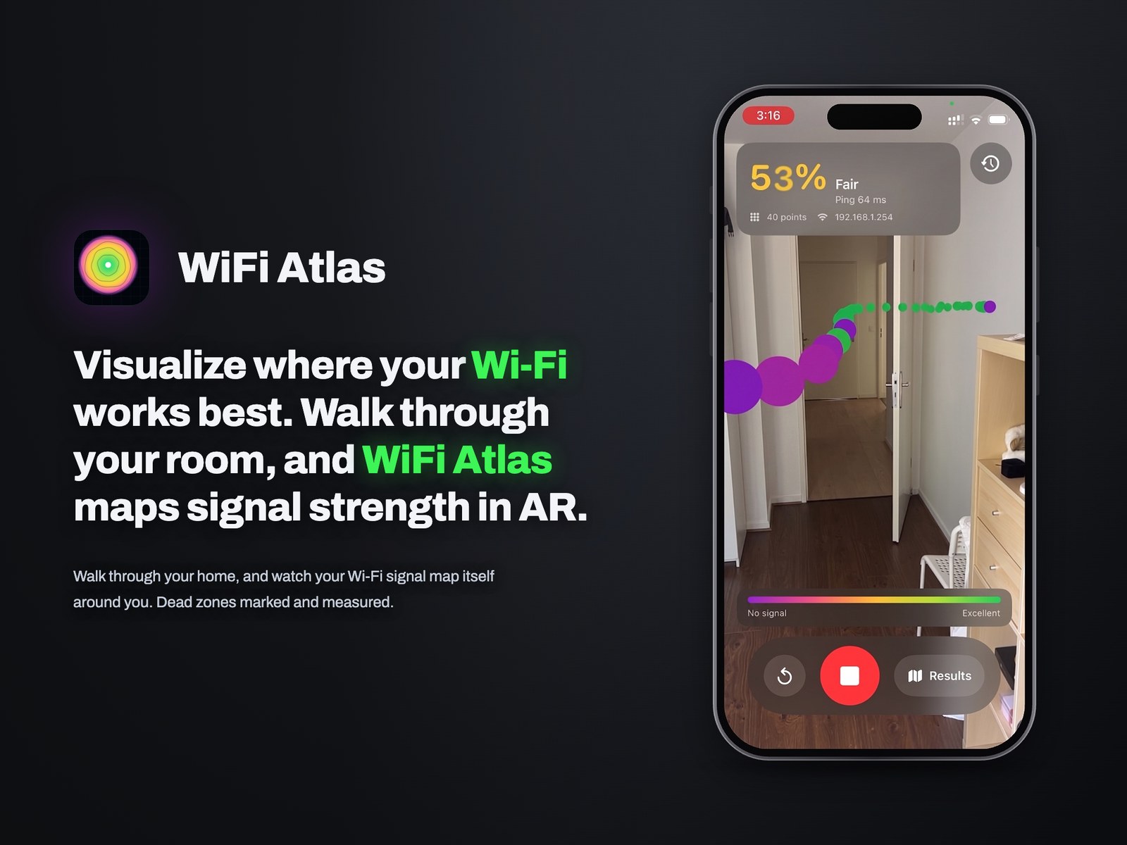 WiFi Atlas — walk through your room and the app maps signal strength in AR. A phone shows 53% Fair at 64ms ping, with the trail of spheres turning from green to purple through a doorway